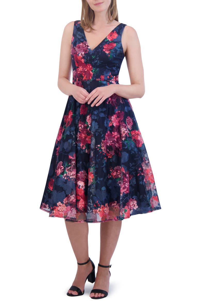 Eliza J Floral Midi Cocktail Dress, Main, color, Navy Multi