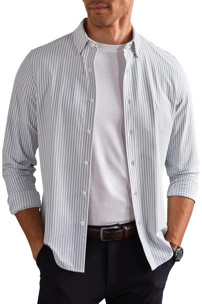 Commuter Slim Fit Striped Performance Shirt, Main, color, SLEET GRAY MADISON STRIPE