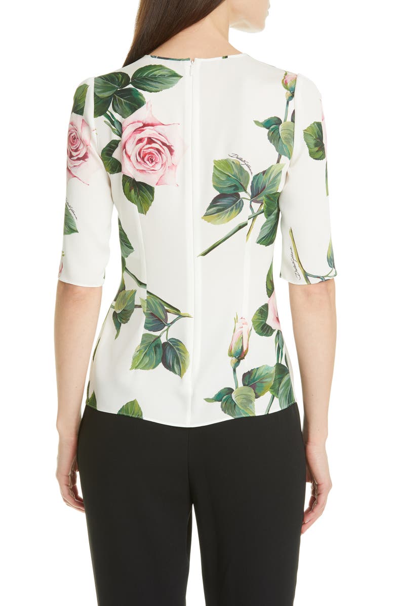 Dolce&Gabbana Rose Print Stretch Silk Charmeuse Top, Alternate, color, 