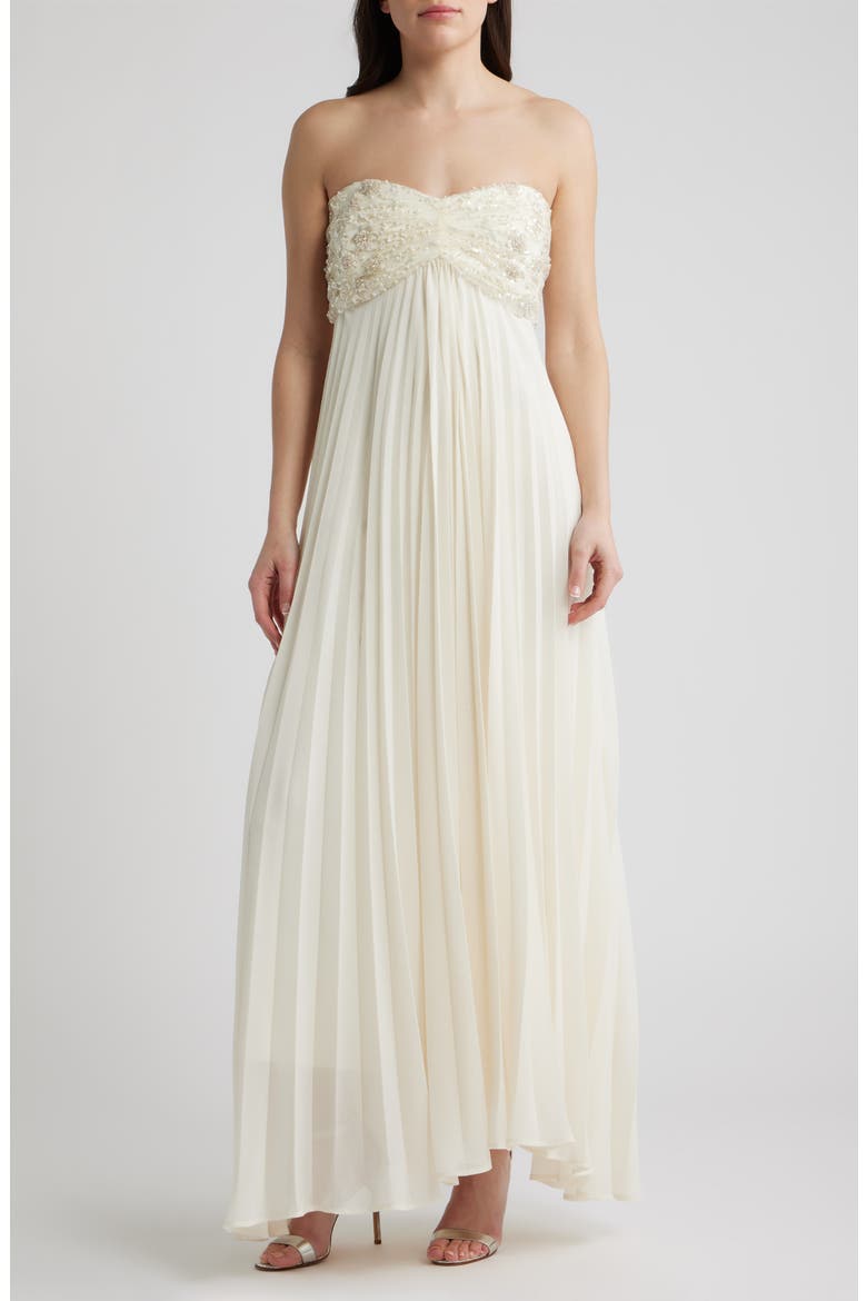 Sabrina Embellished & Pleated Strapless Gown, Main, color, CREAM