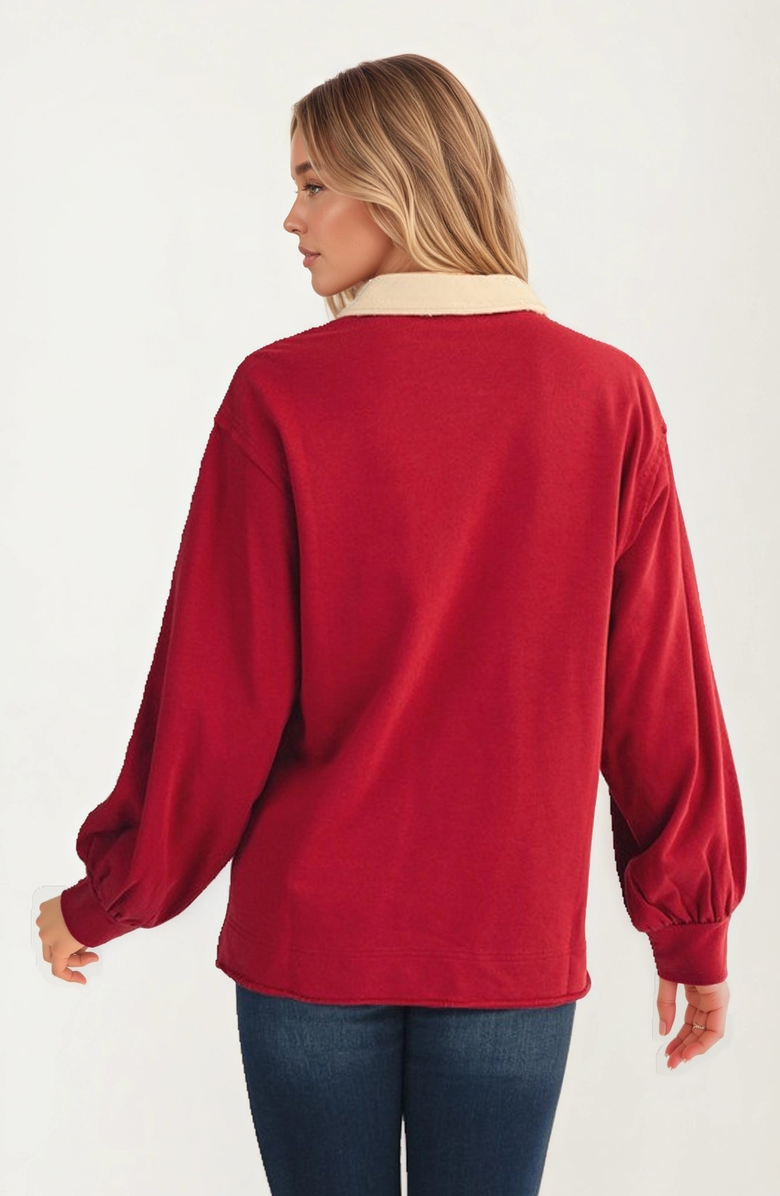 Knit and Lounge Contrast Trim Collared Pullover Top, Alternate, color, Red / Beige