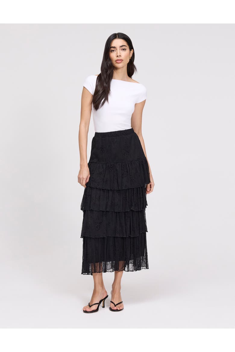 Elisa Mesh Midi Tiered Skirt, Alternate, color, Black