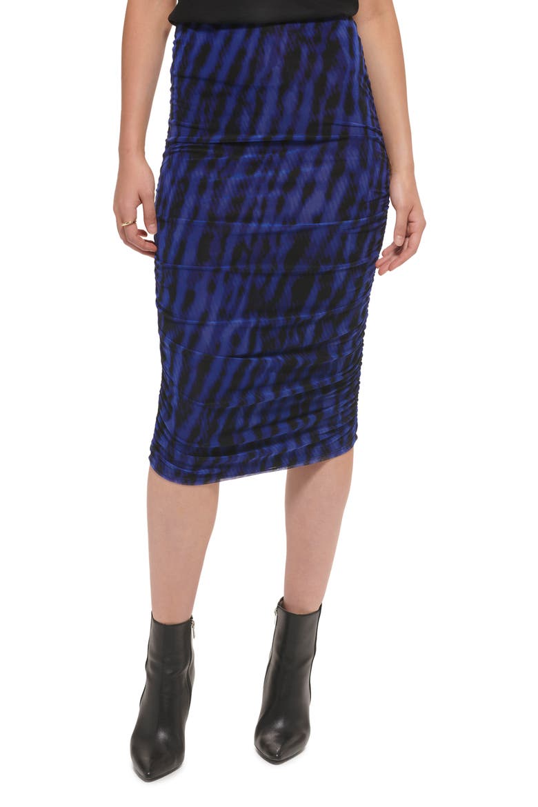 Ruched Print Mesh Midi Skirt, Main, color, DEEP COBALT