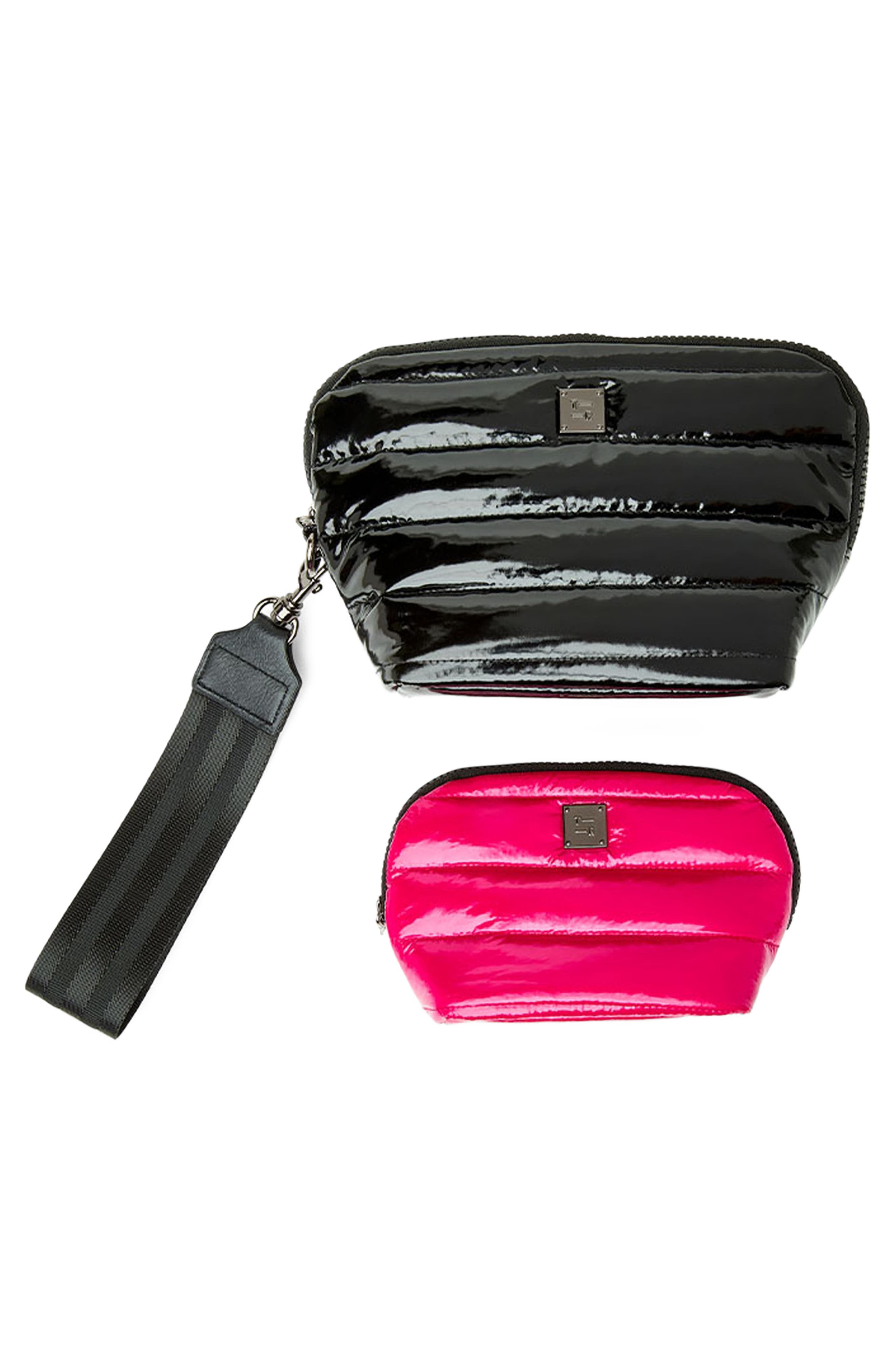 THINK ROYLN Double Stash Set of 2 Zip-Top Travel Pouches, Alternate, color, Black Patent/ Glossy Fuchsia