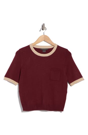 French Connection Babysoft Crop Ringer T-shirt In Burgundy