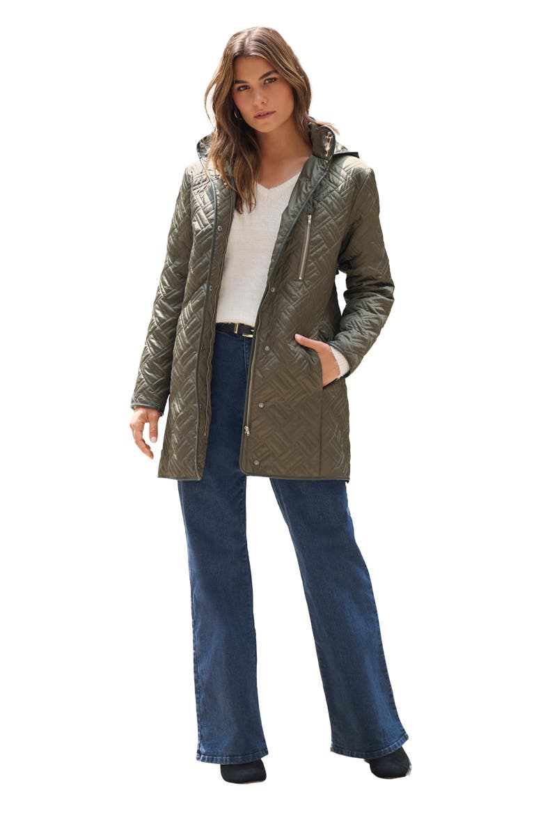 Plus Size Leather Trim Quilted Jacket, Main, color, DARK OLIVE GREEN