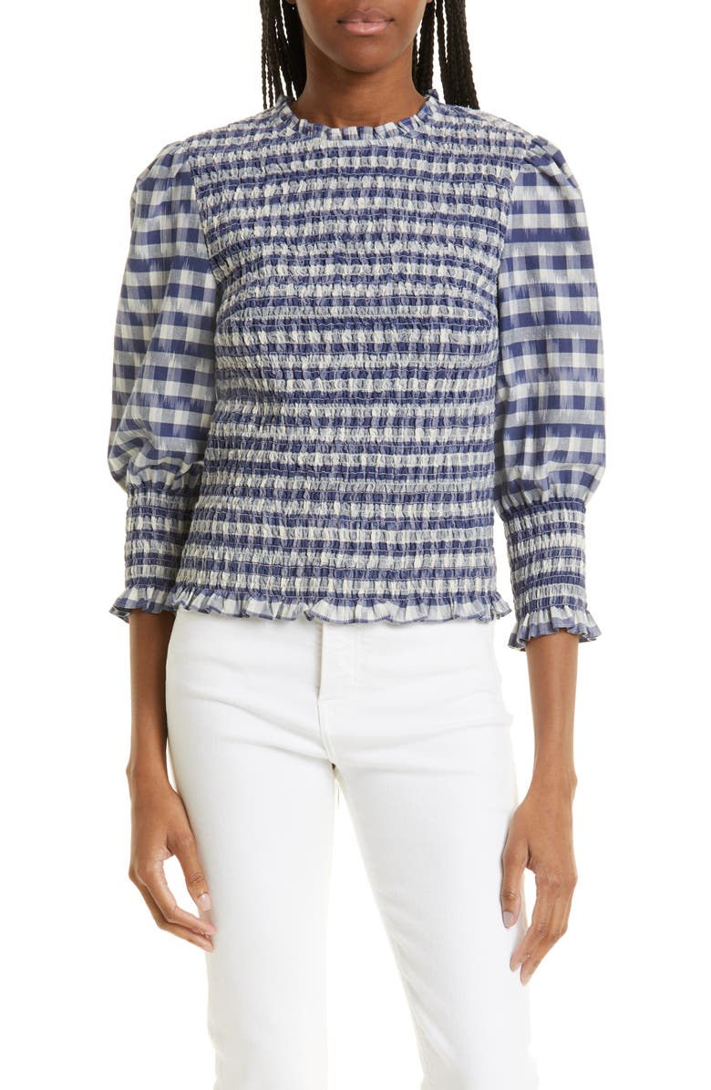 Veronica Beard Kali Smocked Blouse, Main, color, Blue Multi