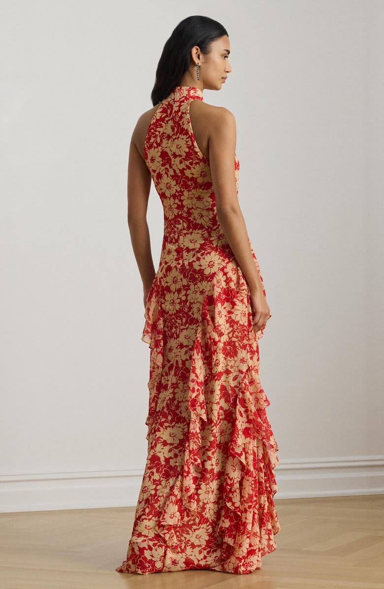 Lauren Ralph Lauren Floral Crinkle Georgette Cocktail Dress, Alternate, color, Red/ Tan