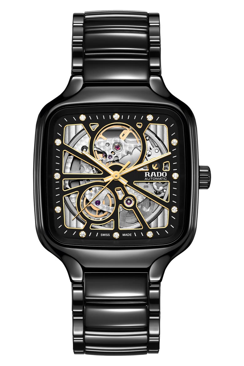 True Square Diamond Automatic Open Heart Bracelet Watch, 38mm, Main, color, BLACK