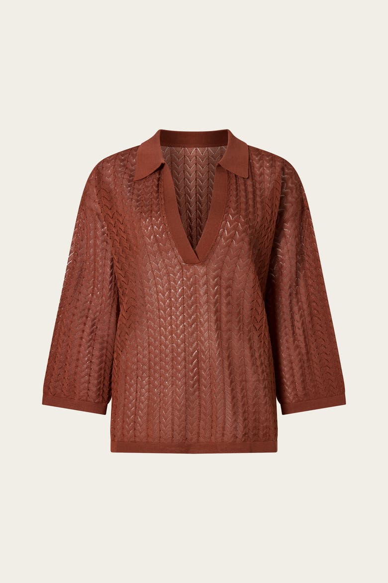 Imene Pointelle Knitted Collared Top, Alternate, color, Rust