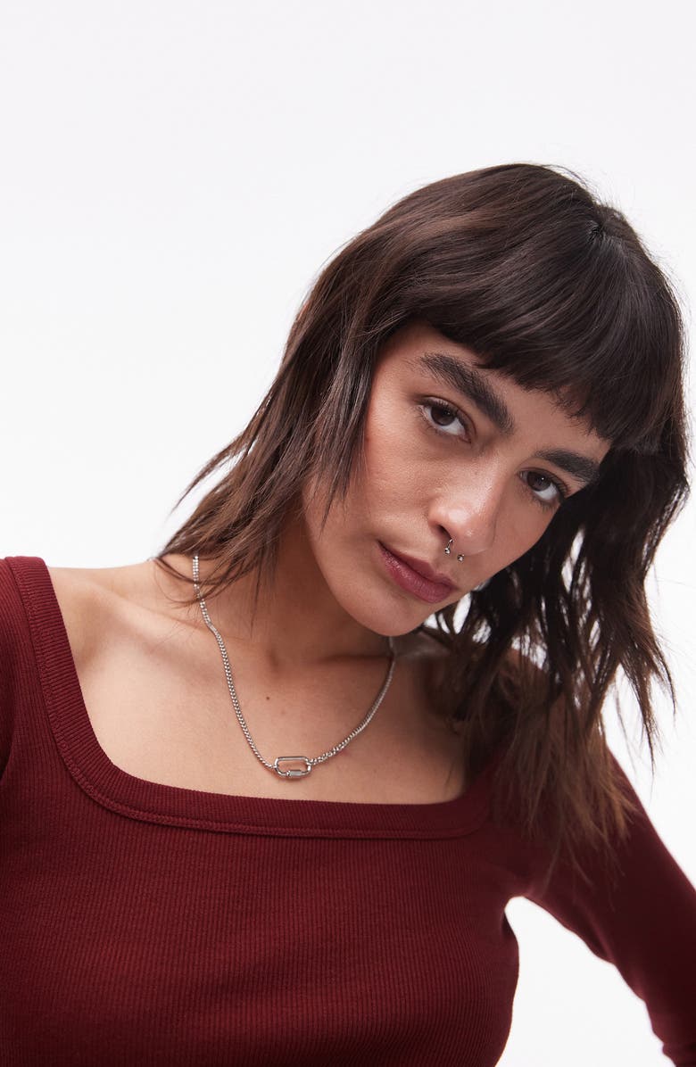 Topshop Square Neck Long Sleeve Cotton Rib T-Shirt, Alternate, color, Burgundy