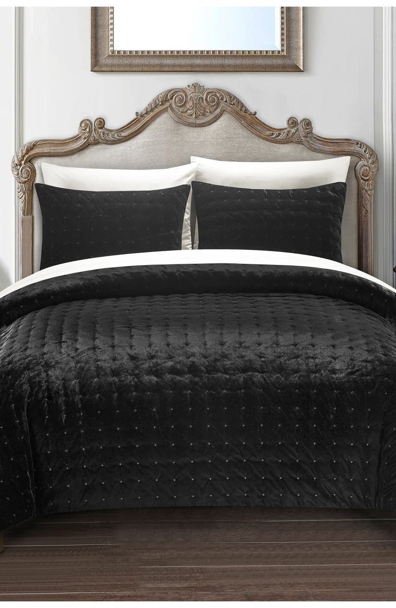 CHIC Chaya Rich Quilted Hand-Stitched Velvet King Comforter Set - Black, Main, color, 