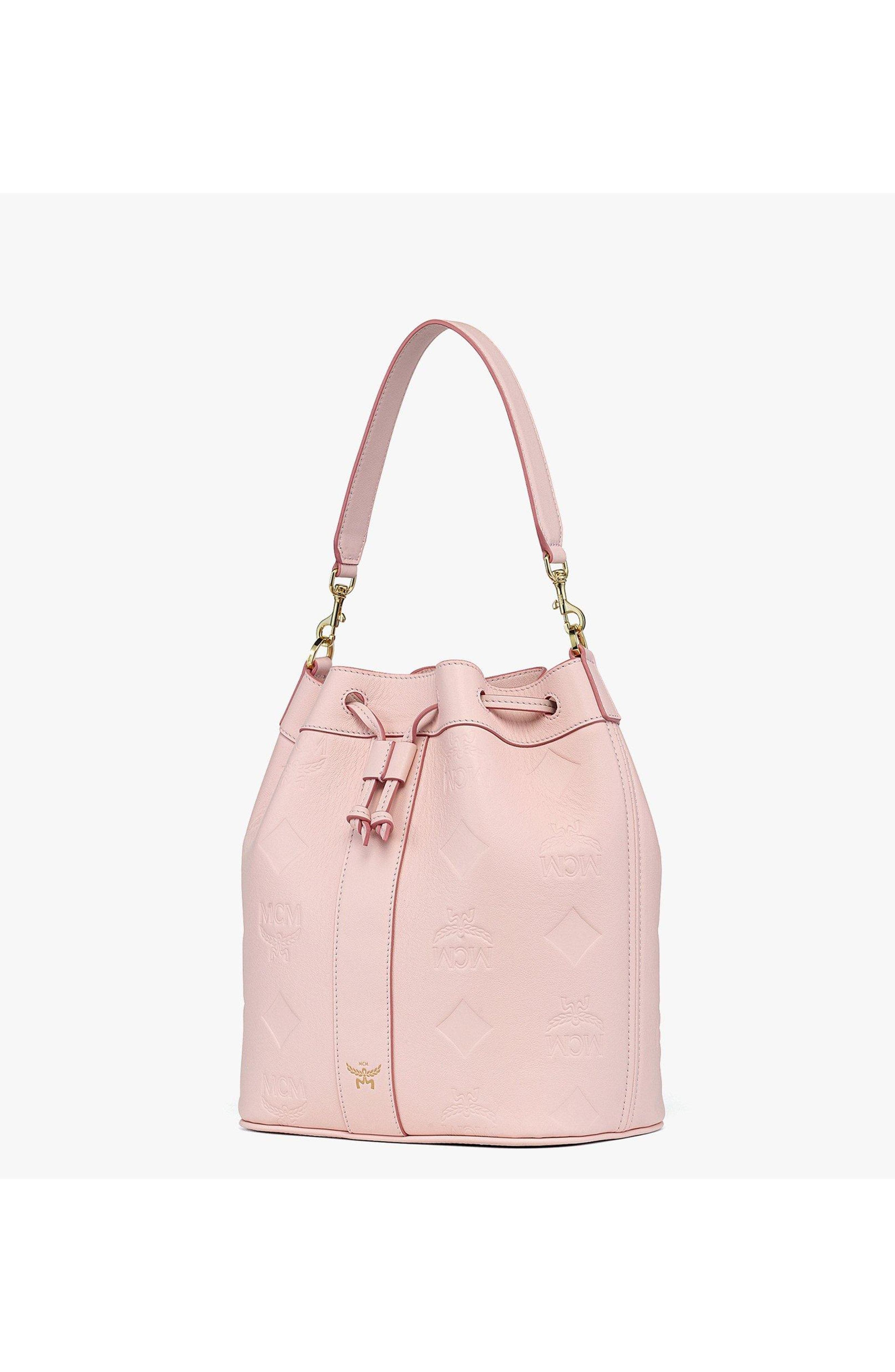 MCM Medium Dessau Drawstring Bag in Maxi Monogram Leather, Alternate, color, Lotus Pink