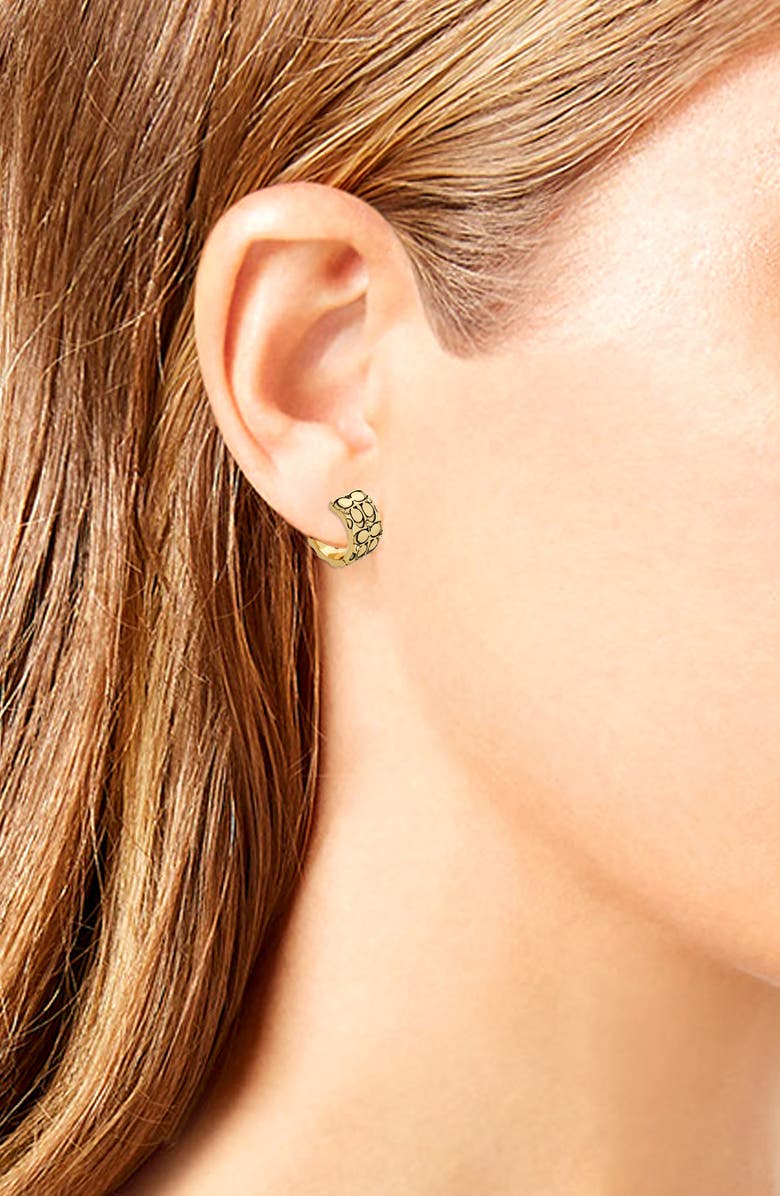 COACH Logo Embossed Huggie Hoop Earrings, Alternate, color, Golden Shadow/ Gold