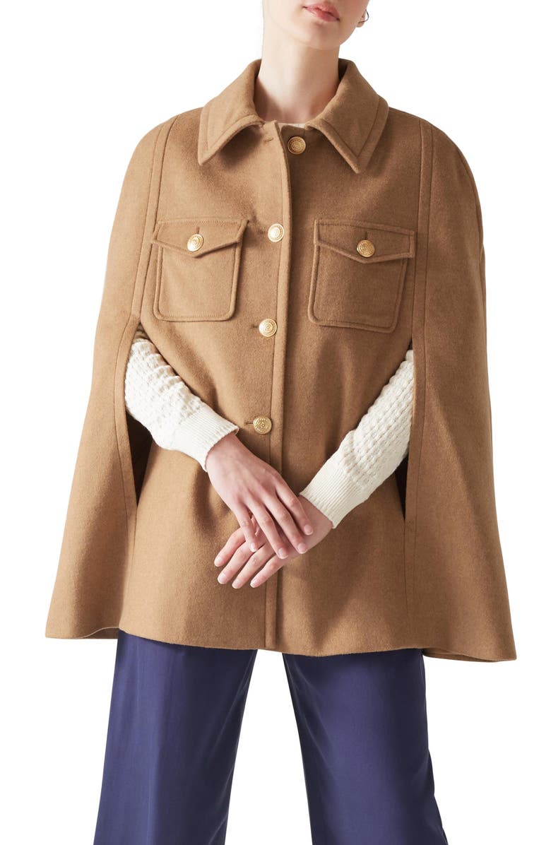 LK Bennett Carter Camel Cape Coat, Main, color, 