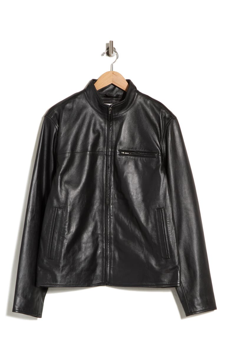 Stand Collar Leather Jacket, Alternate, color, BLACK