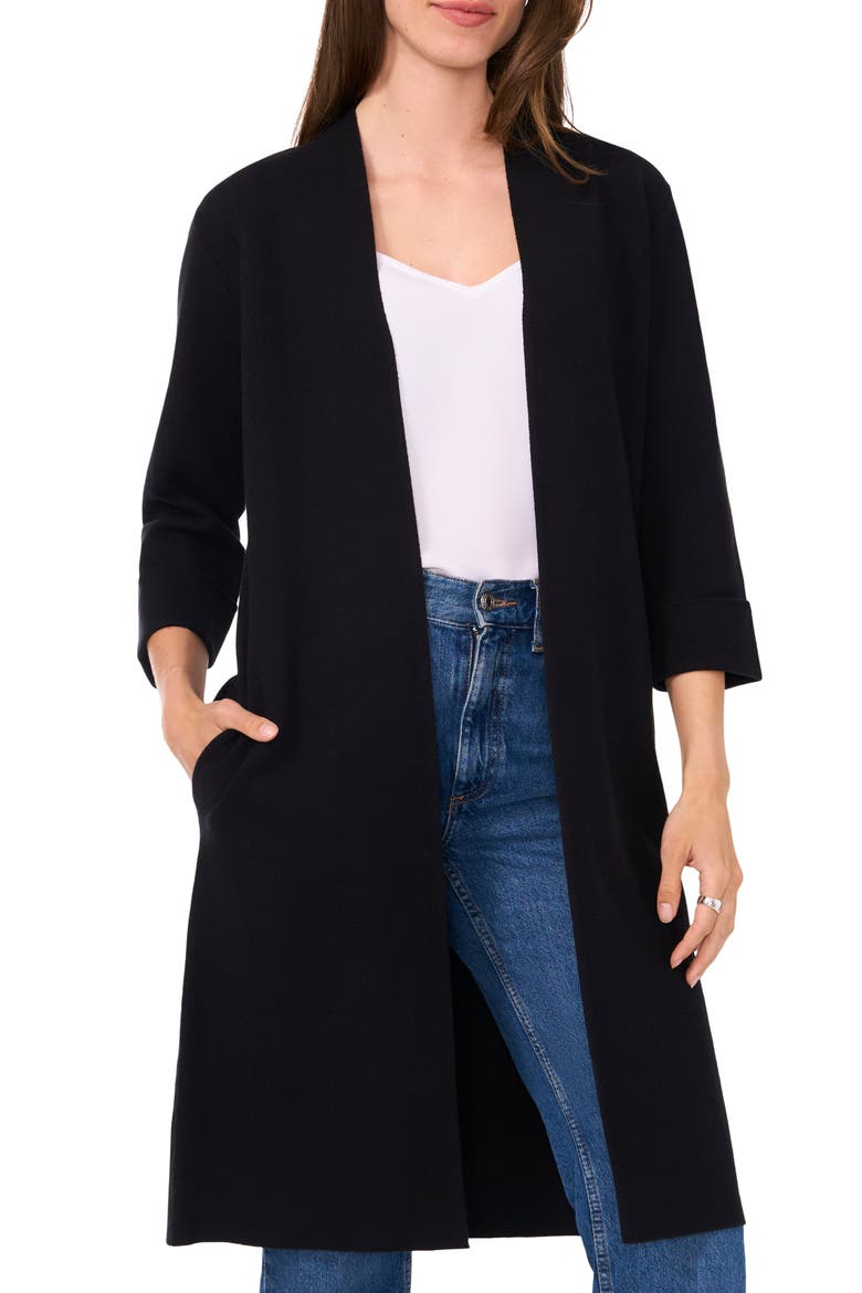 Open Front Three Quarter Sleeve Longline Cardigan, Main, color, RICH BLACK