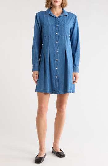 Trove New York Pleated Long Sleeve Denim Shirtdress in Medium Wash at Nordstrom Rack, Size X-Small