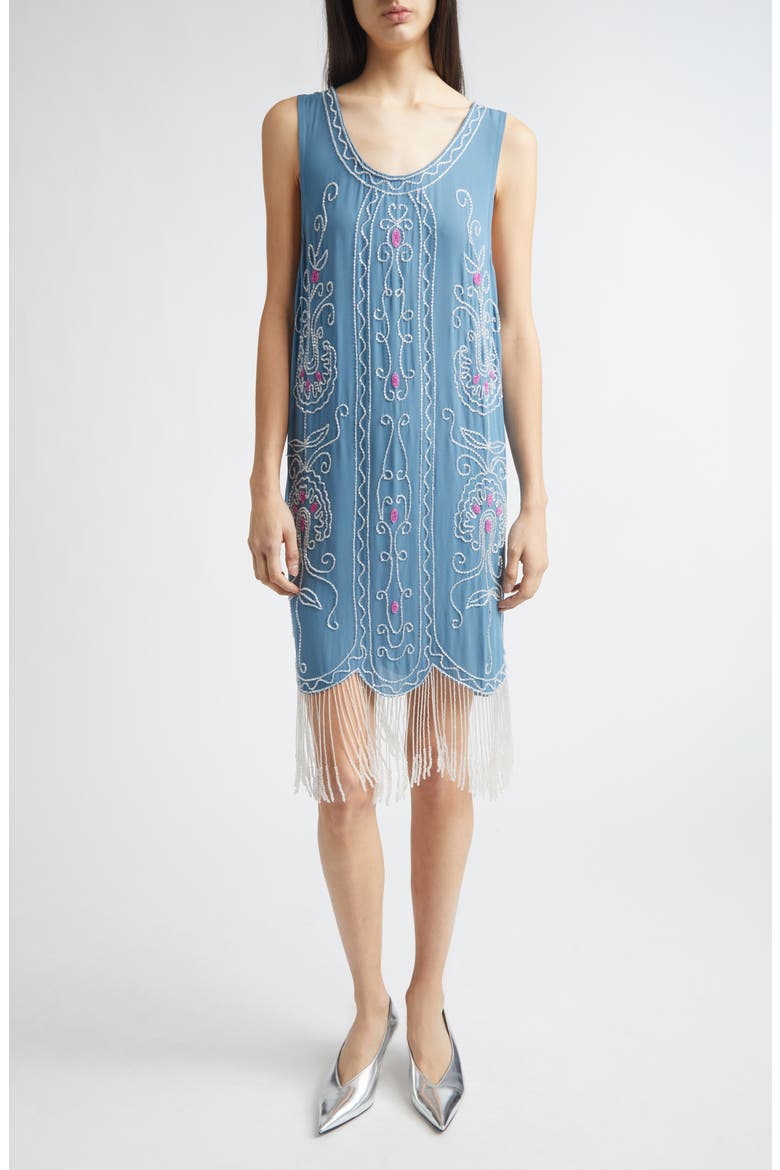 Sea Flower Beaded Fringe Silk Dress, Main, color, BLUE MULTI
