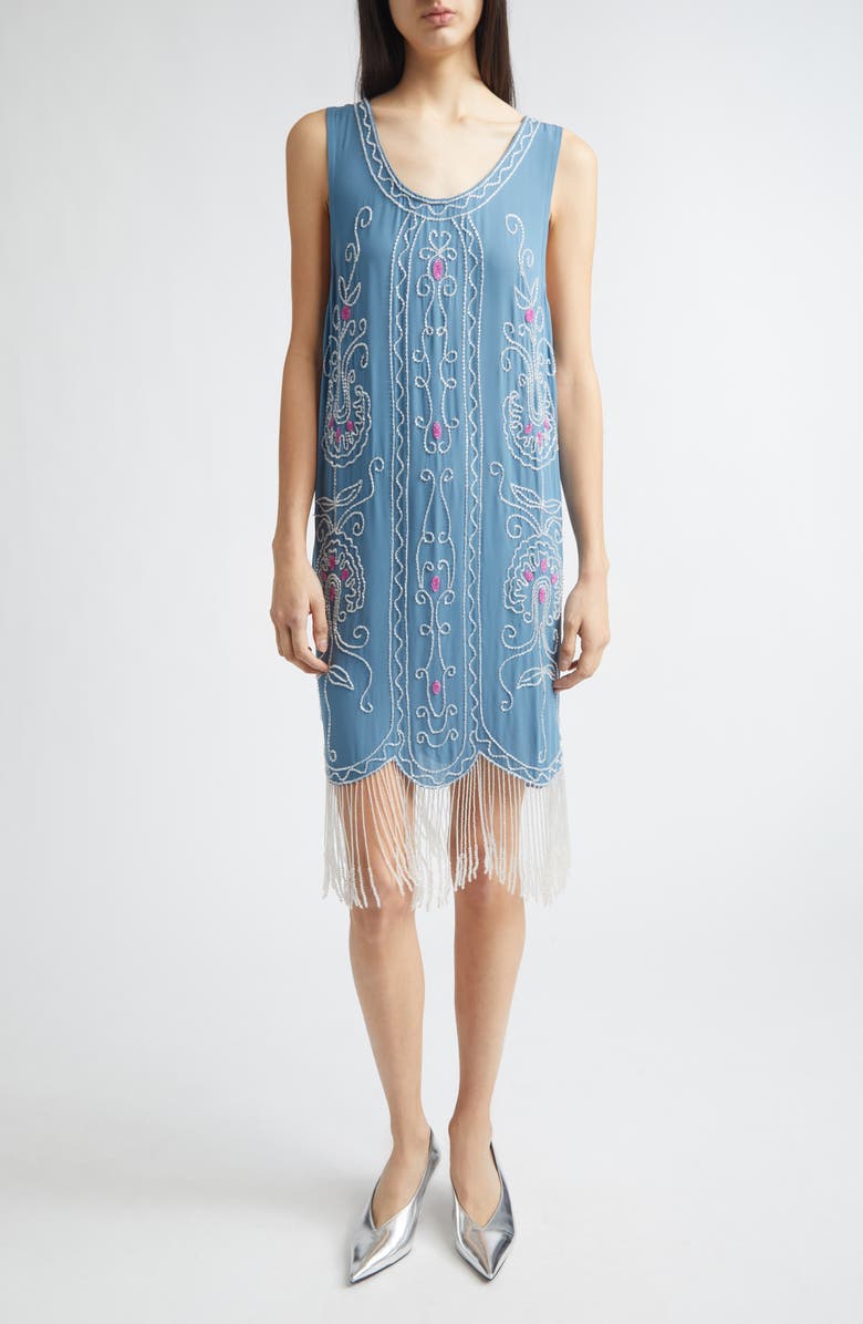 Bode Sea Flower Beaded Fringe Silk Dress, Main, color, Blue Multi