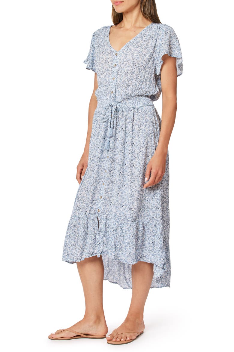 Ariel Drawstring Waist Midi Dress, Alternate, color, BLUE FLORAL