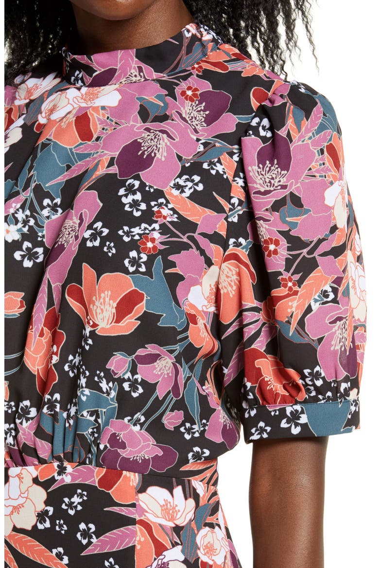 Floral Puff Sleeve Midi Dress, Alternate, color, BLACK/MULT