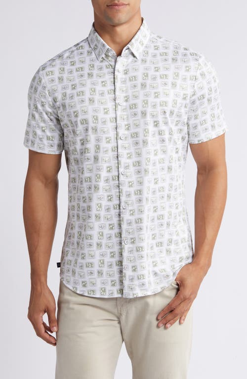 Mizzen+Main Halyard Trim Fit Print Short Sleeve Performance Knit Button-Up Shirt in Fog Green Prickly Stamp 