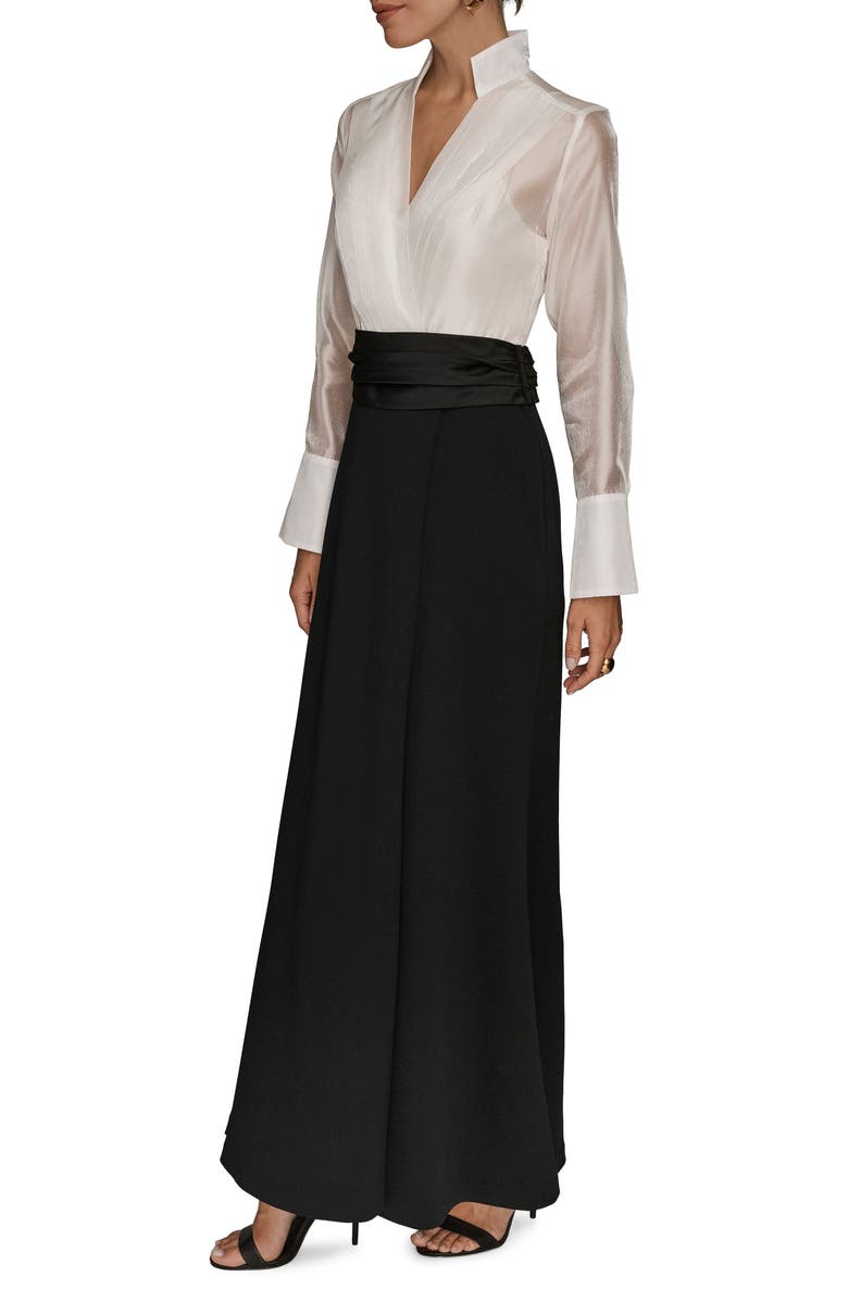 Donna Karan New York Organza Bodice Long Sleeve Gown, Alternate, color, Cream/ Black