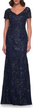 La Femme Gorgeous Beaded Long Gown with Short Sleeves and V Neck