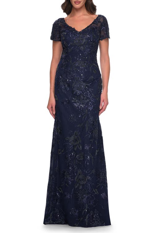 La Femme Gorgeous Beaded Long Gown With Short Sleeves And V Neck In Navy
