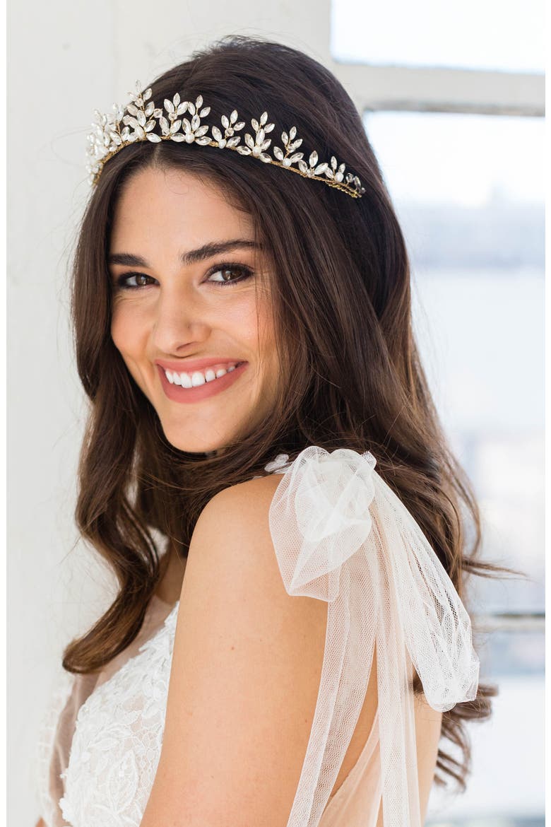 Acacia Swarovski Crystal & Pearl Crown Comb (Nordstrom Exclusive), Main, color, GOLD