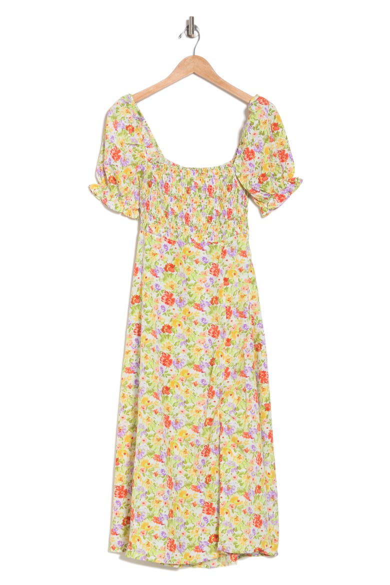 ASTR Smocked Puff-sleeve Midi Dress, Alternate, color, GREEN CORAL FLORAL