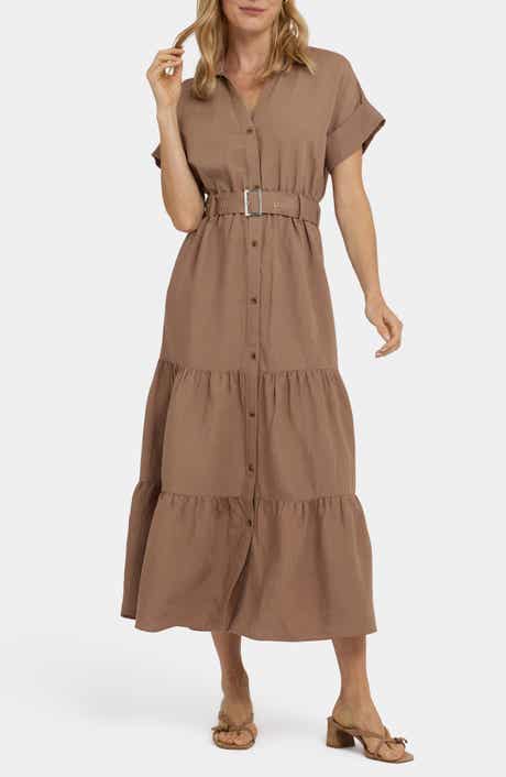 Tiered Linen Blend Shirtdress