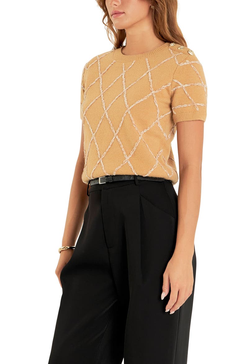 Diamond Pattern Short Sleeve Sweater, Alternate, color, CAMEL