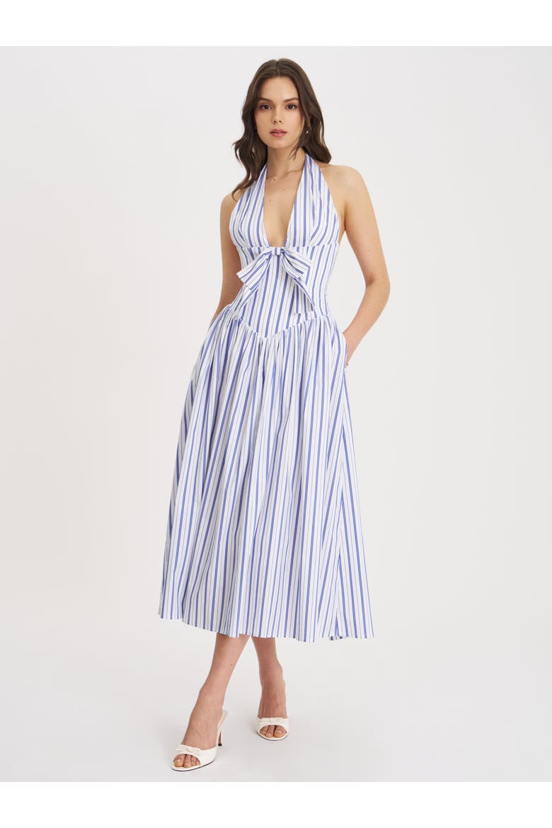 Mackenna Stripe Halter Smock Back Maxi Dress, Alternate, color, Navy beach-style stripe