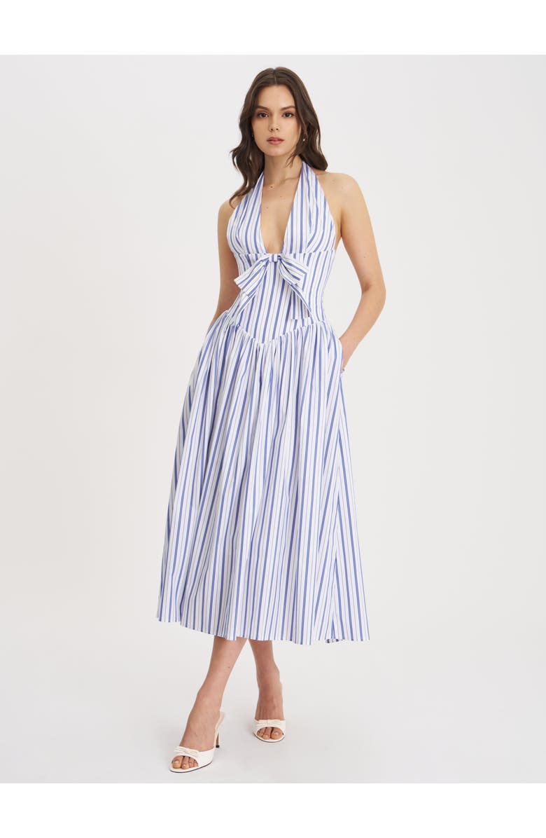Miss Circle Mackenna Stripe Halter Smock Back Maxi Dress, Alternate, color, Navy Beach-Style Stripe