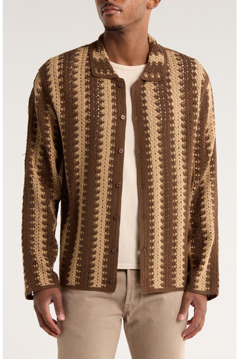 Crochet Long Sleeve Button-Up Sweater, Main, color, CHOCOLATE COMBO