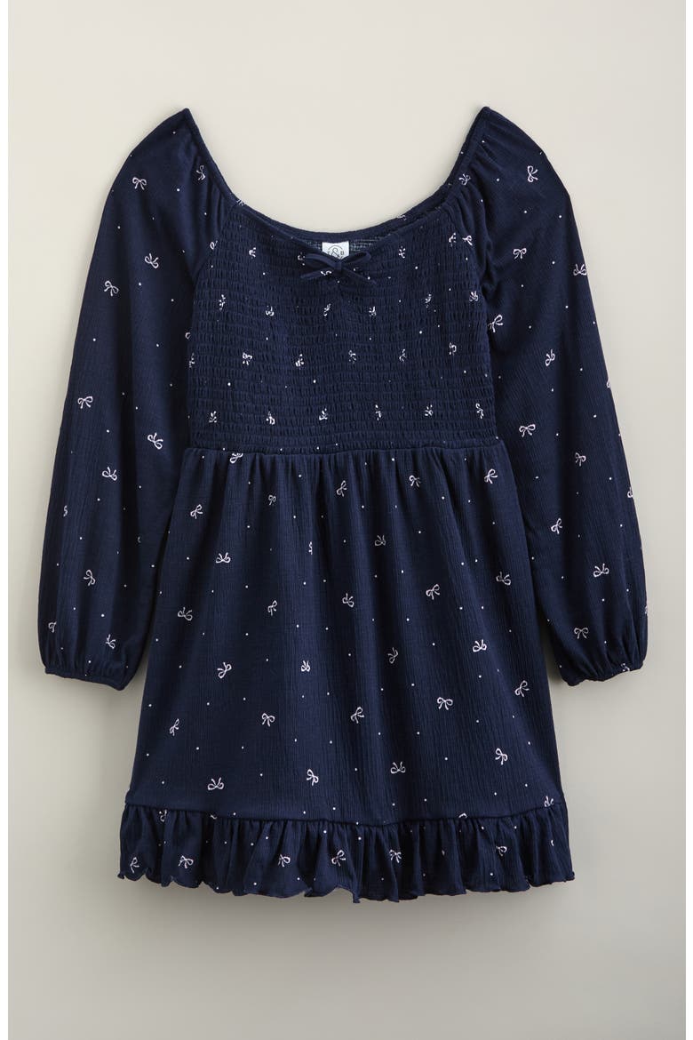 Kids' Ruffle Hem Smocked Dress, Main, color, NAVY- PINK DOTTY BOWS