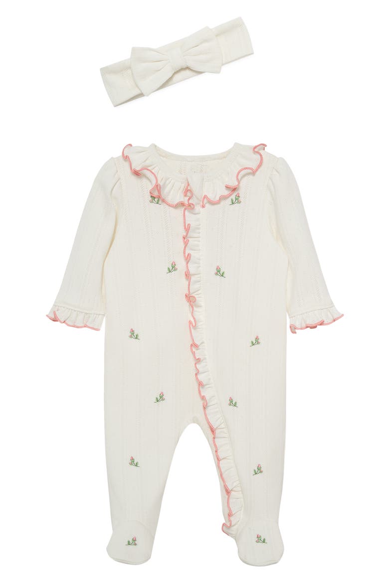 Rosebud Embroidered Pointelle Knit Cotton Ruffle Footie & Bow Head Wrap Set (Nordstrom Exclusive), Main, color, PINK/ WHITE