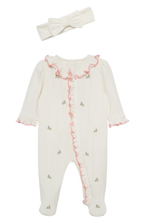 Rosebud Embroidered Pointelle Knit Cotton Ruffle Footie & Bow Head Wrap Set (Nordstrom Exclusive)