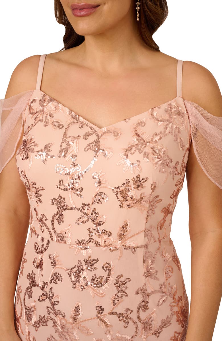 Adrianna Papell Embroidered Sequin Cold Shoulder Gown, Alternate, color, Rose Gold