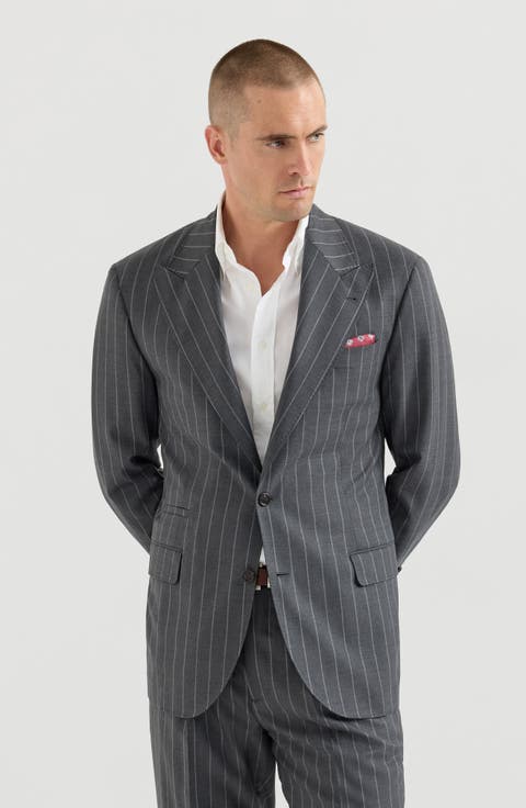 Super 150s virgin wool wide chalk stripe batavia Tailor blazer with peak lapels