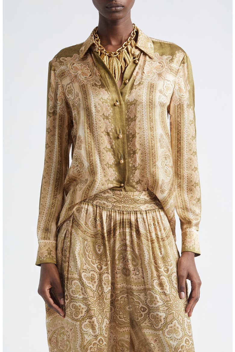 Luna Paisley Print Silk Satin Button-Up Shirt, Main, color, OLIVE PERLA PAISLEY