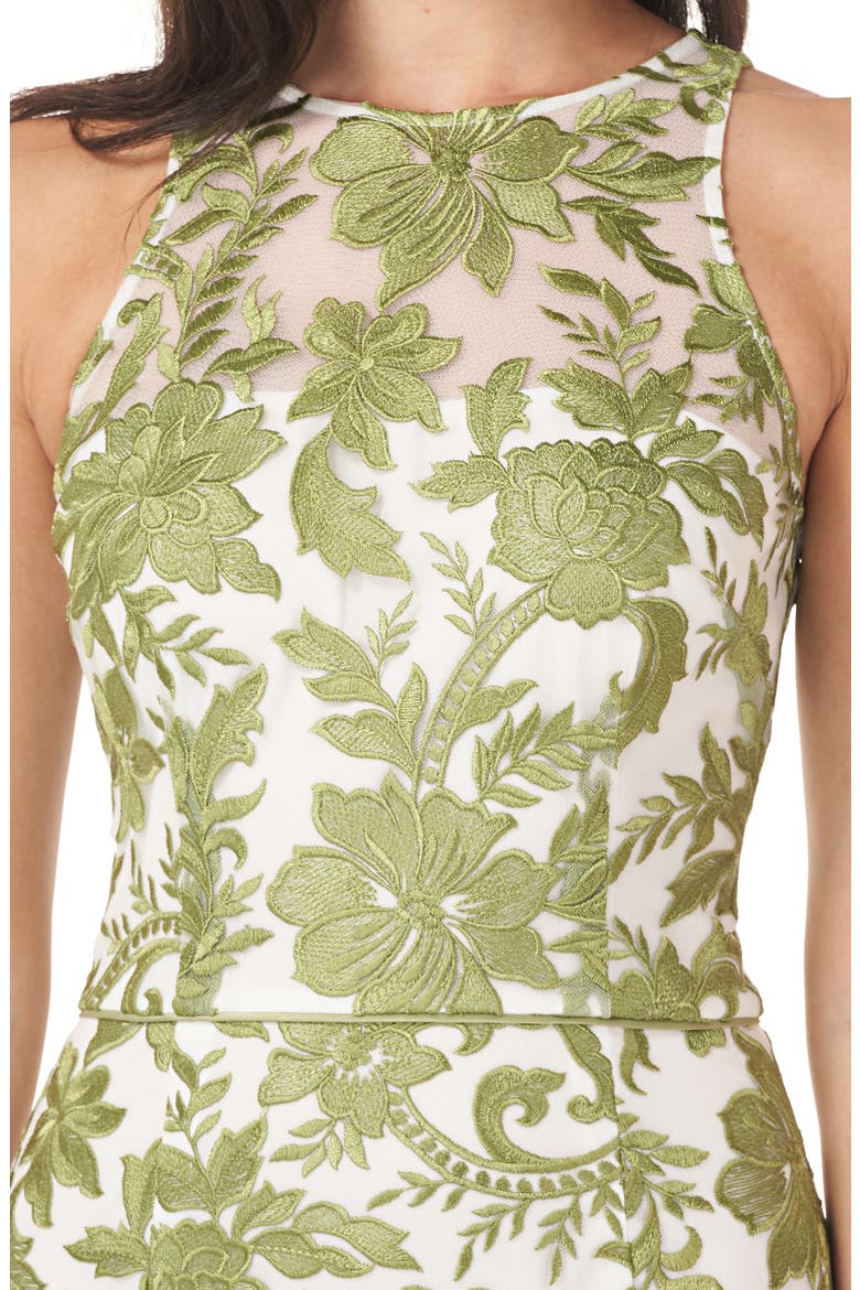 Embroidered Halter Neck Pencil Gown, Alternate, color, JUNIPER/ WHITE