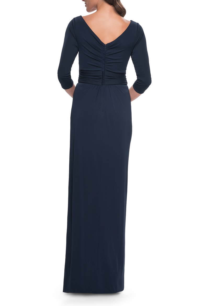 Simple Chic Jersey Dress with Ruched Waist and V Neckline, Alternate, color, Navy