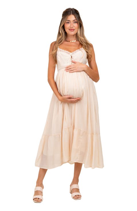 Lace Detail Button Front Sleeveless Midi Dress