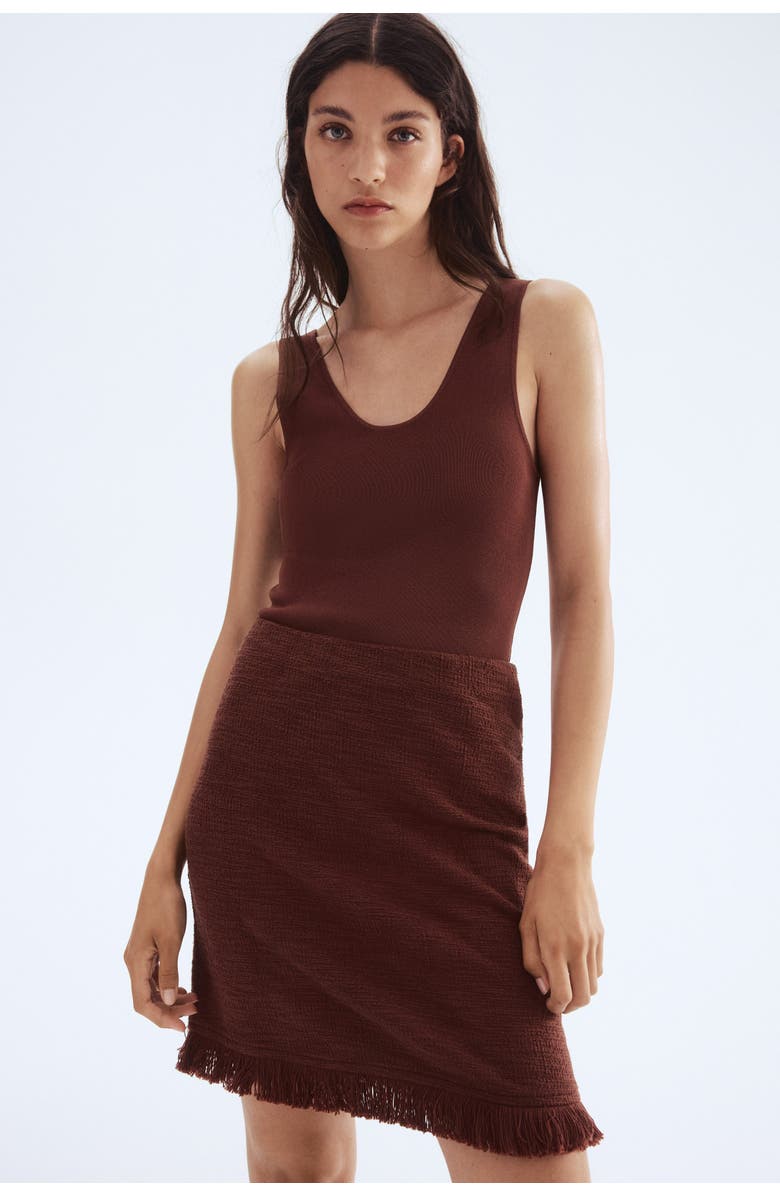 H&M Fringed Bouclé Skirt, Alternate, color, Brown