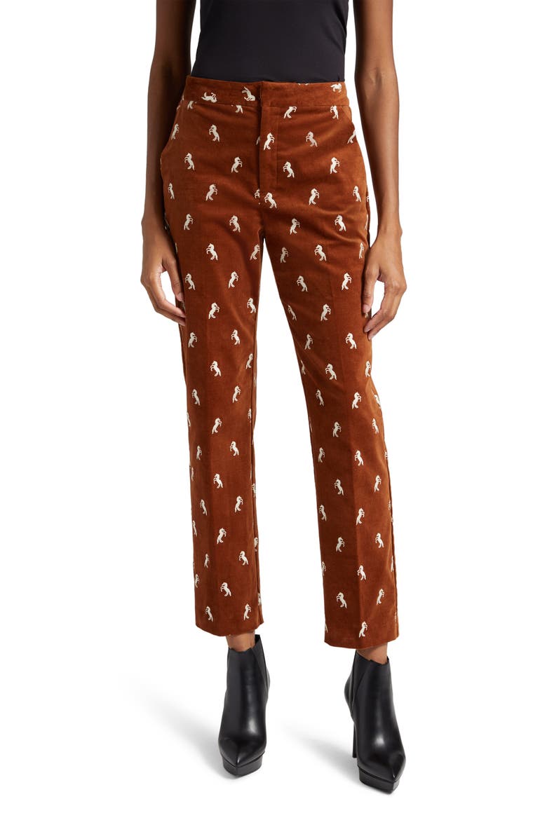 Rebel Embroidered Horse Print Stretch Cotton Velvet Crop Pants, Main, color, WHISKEY/ ECRU