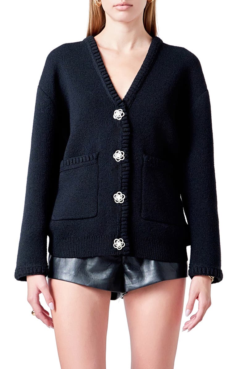 Endless Rose Floral Button V-Neck Cardigan, Main, color, Black
