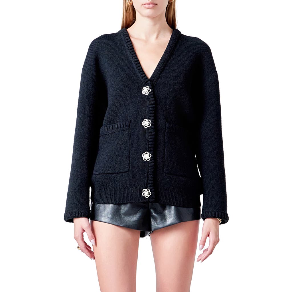 Endless Rose Floral Button V-neck Cardigan In Black